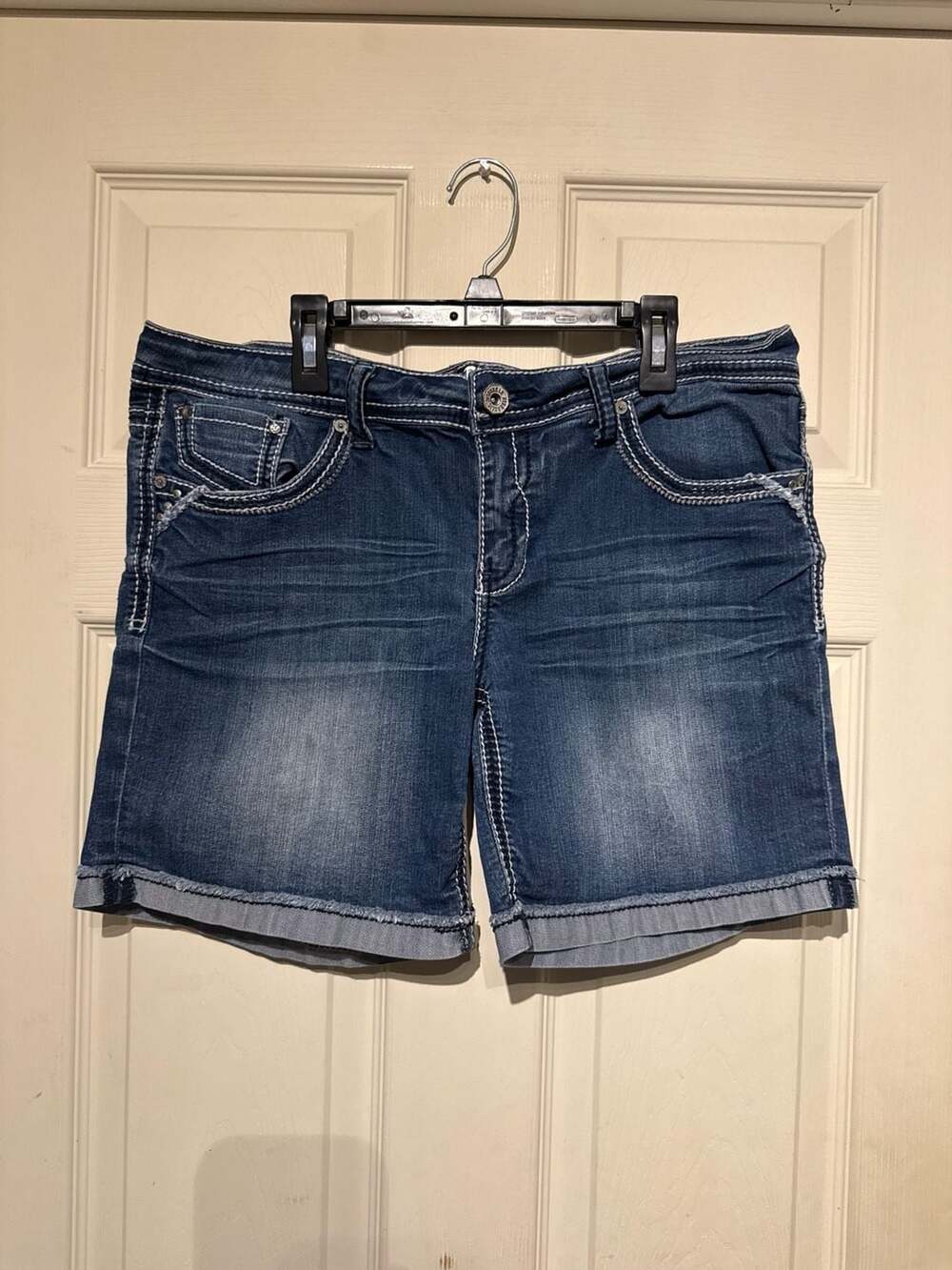 Y2K Hydraulic Denim Shorts Size M Blue Cuffed Embellished Stretch